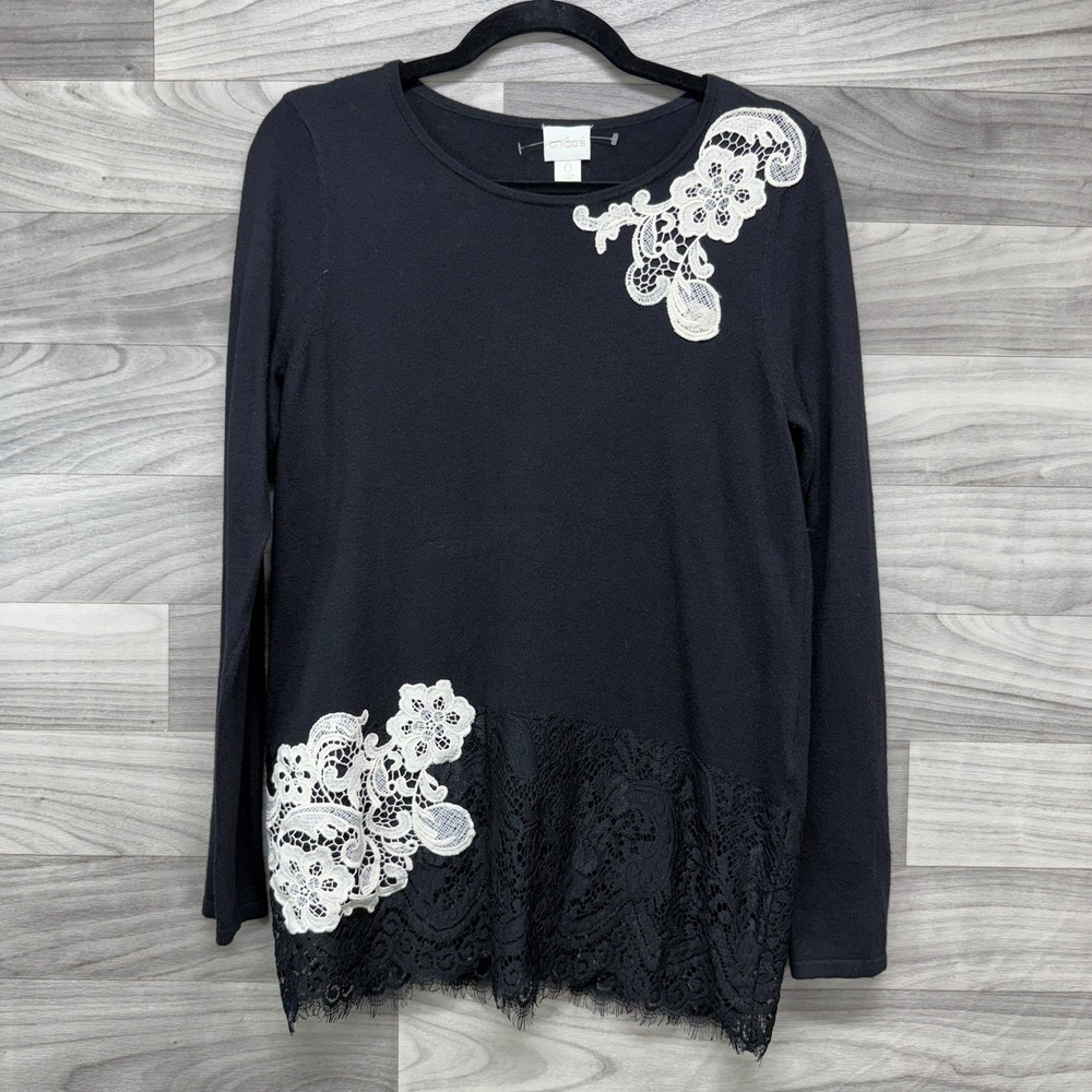 Chico's Sweater Womens Small/ 0 Black Embroidered Lace Trim Long Sleeve Pullover